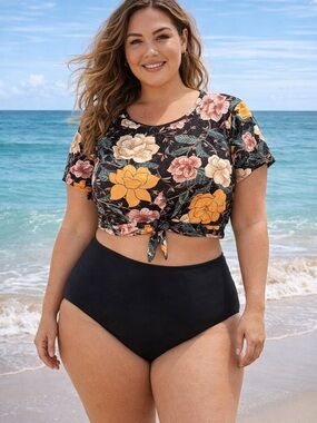 Torrid Black Floral Crew Neck Knot Front Crop Bikini Top Size 1